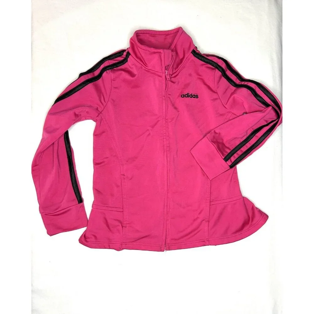 Adidas Jacket Girls‎ 5 Pink Black Zip Track Athletic Three Stripes Logo Peplum